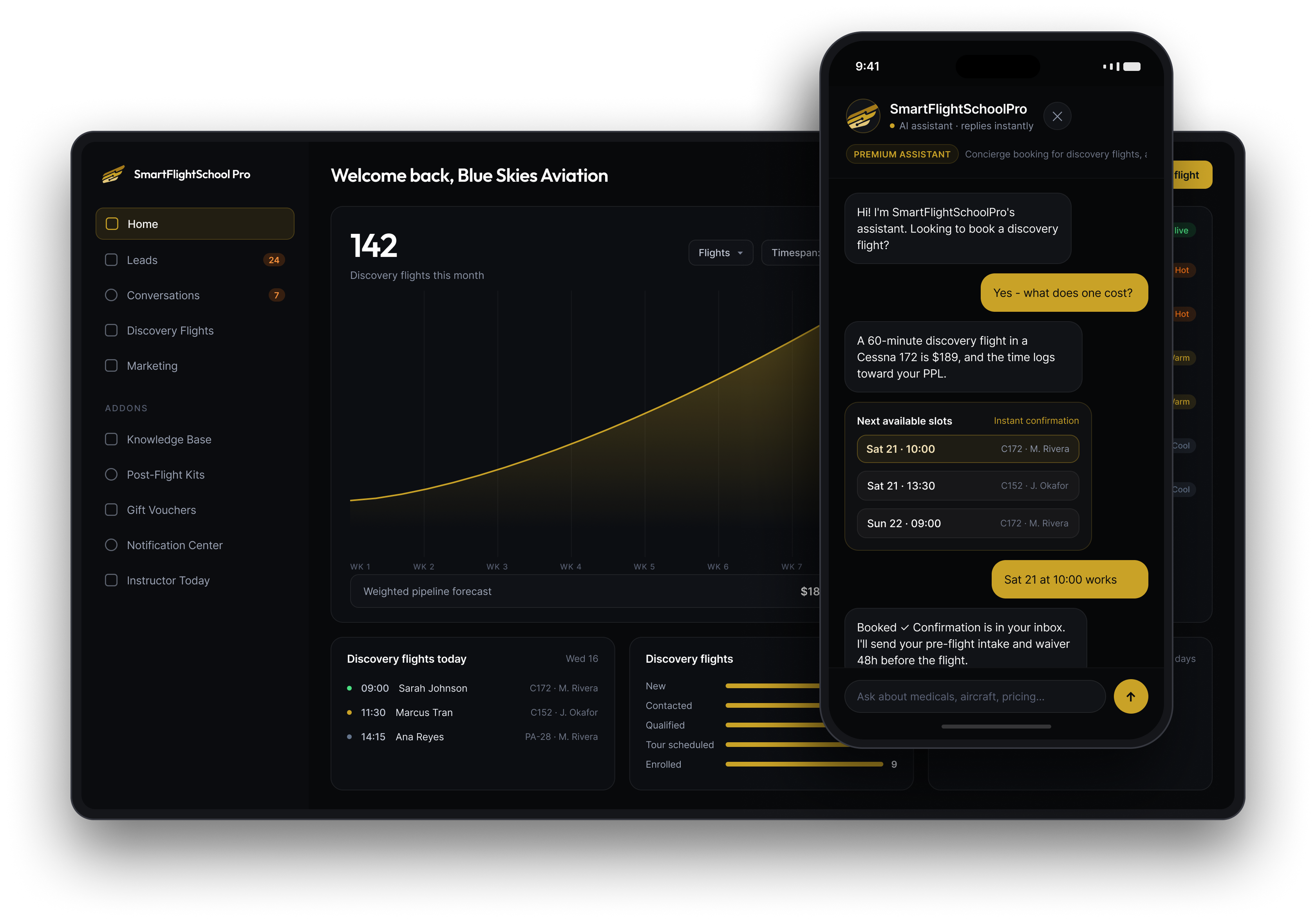SmartFlightSchoolPro dashboard — pipeline, chatbot, bookings and analytics in one view